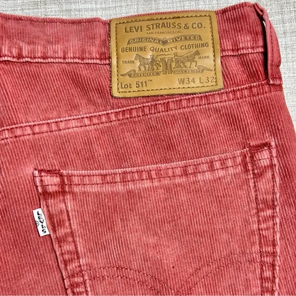 Levi’s 511 slim fit white tab terracotta colored narrow wale corduroys, 34x31.5”